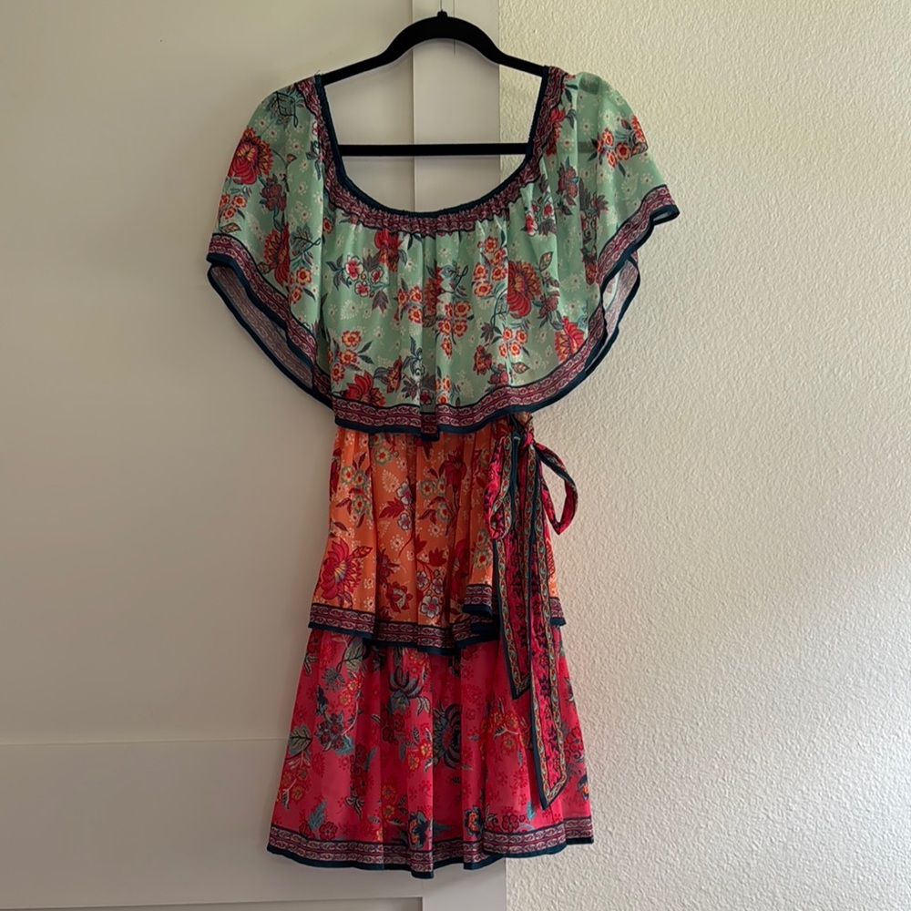 Flying Tomato Floral Three Layer Multicolor Off the Shoulder Dress Small